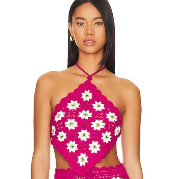 LOVERS + FRIENDS Delilah Wildflower Crochet Top Pink  & Green - Picture 1 of 11